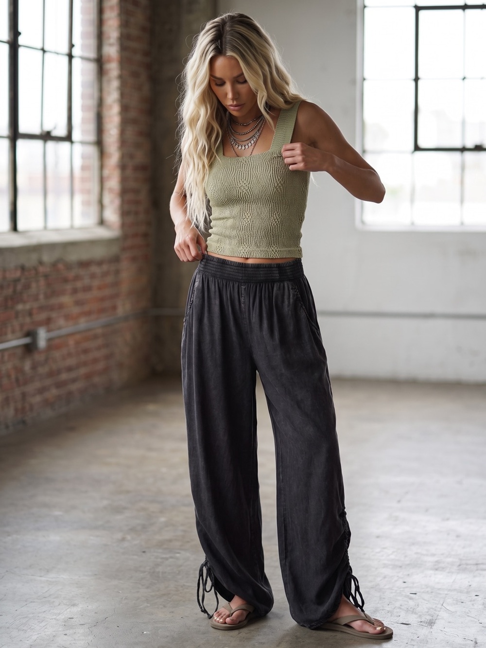 NWT Nostalgia Cinched Ankle Acid Washed Tie Smocked Relaxed Fit Pants